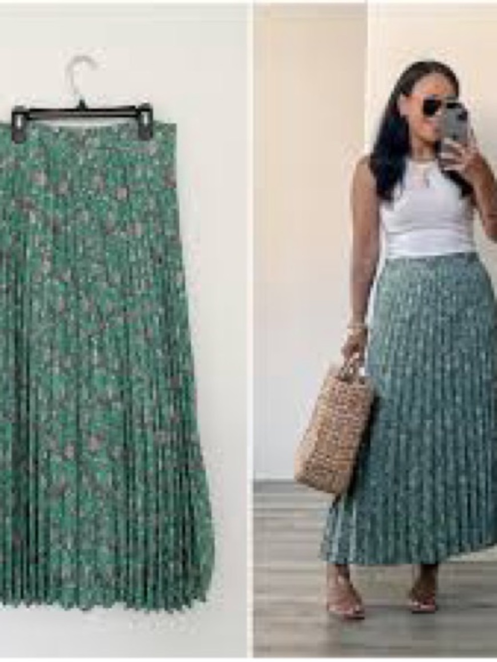 Max Studio Green Floral Pleated Maxi Skirt with Pink Accents